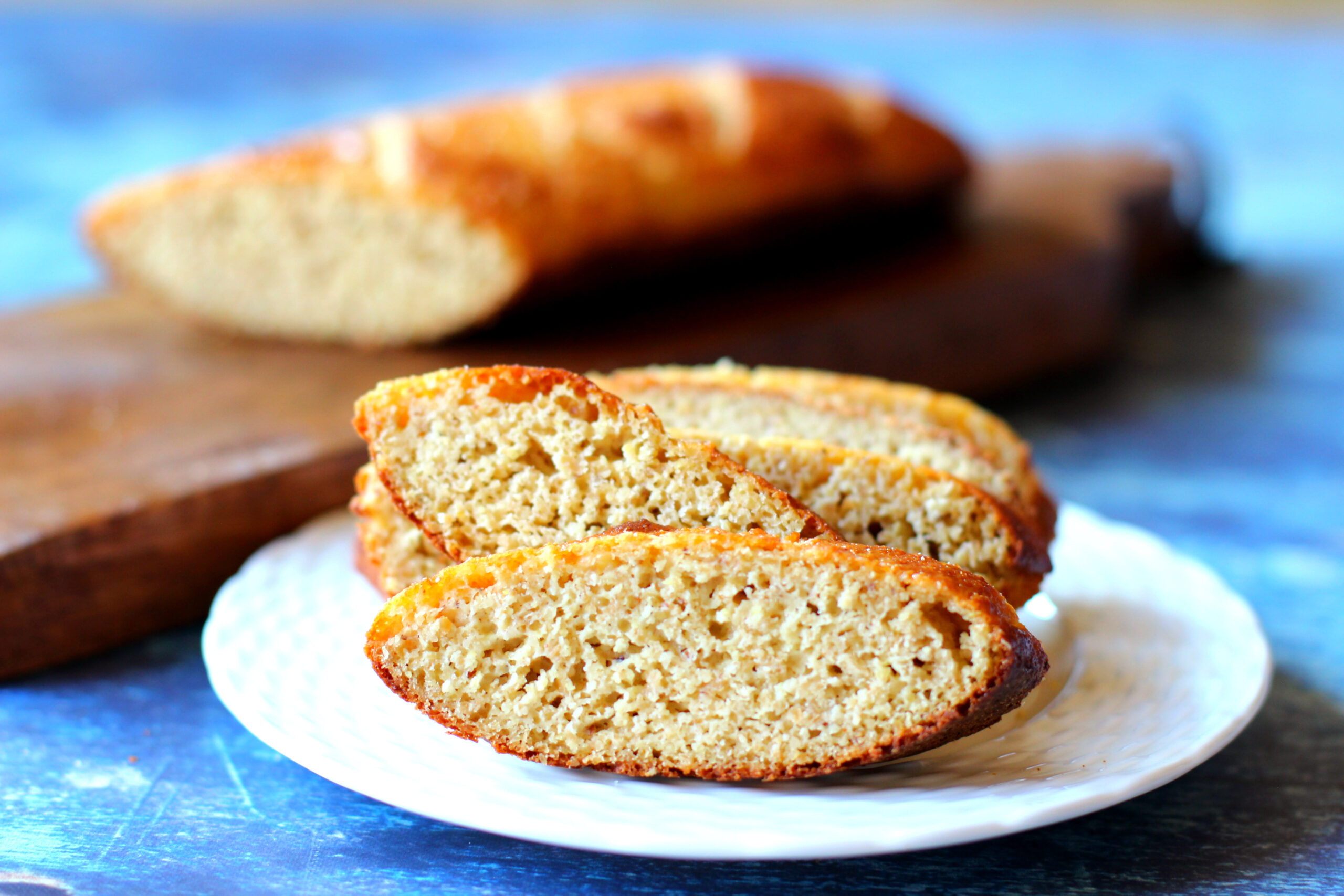Sliced keto bread showing soft texture and low-carb crumb